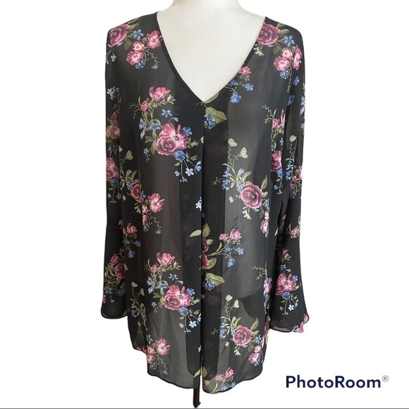 STORK & babe black floral sheer bell sleeve blouse sz L - Picture 1 of 7